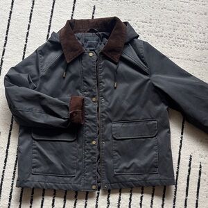 Sanctuary Hooded Black Waxed Jacket with Brown Collar